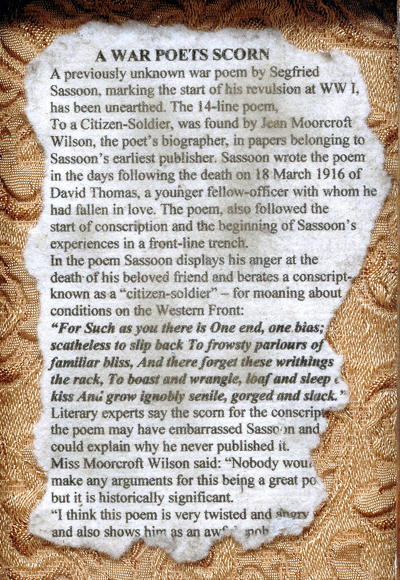 Dario Robleto
"A War Poets’ Scorn", 2004
Homemade paper (pulp made from a war poem a Civil War soldier wrote while recovering in the hospital, cotton infused with bugleweed, artillery plant pollen, shrapnel shavings), melted bullet lead, cold cast nickel and silver, rust, polyester resin, bone glue, typeset
7" x 9" x 1"
detail view