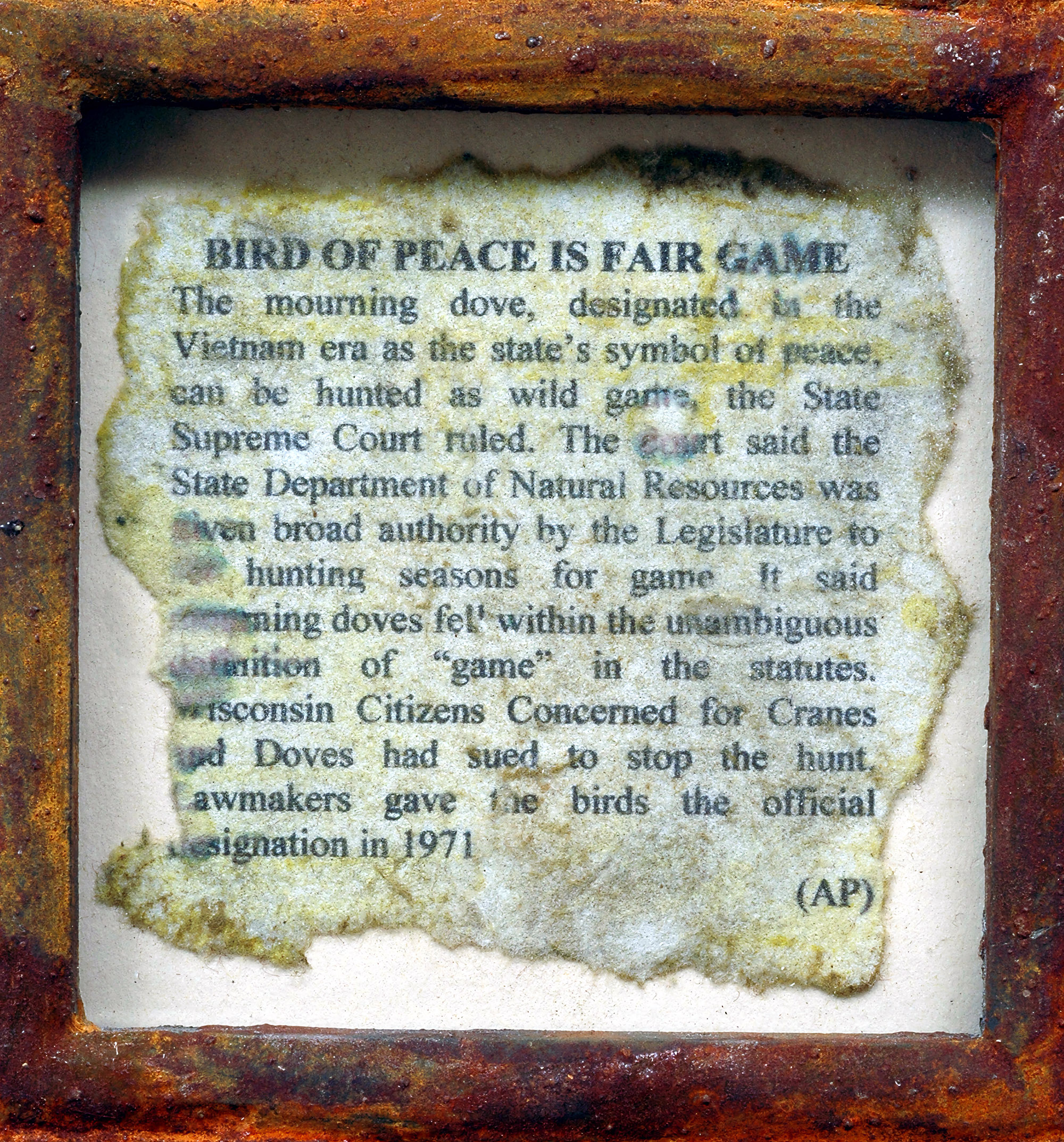 Dario Robleto
"Bird Of Peace Is Fair Game", 2004
Homemade paper (cotton infused with white chestnut, dove bone dust, meadowsweet), melted bullet lead, cold cast nickel and silver, rust, polyester resin, bone glue, typeset
7" x 7" x 1"
