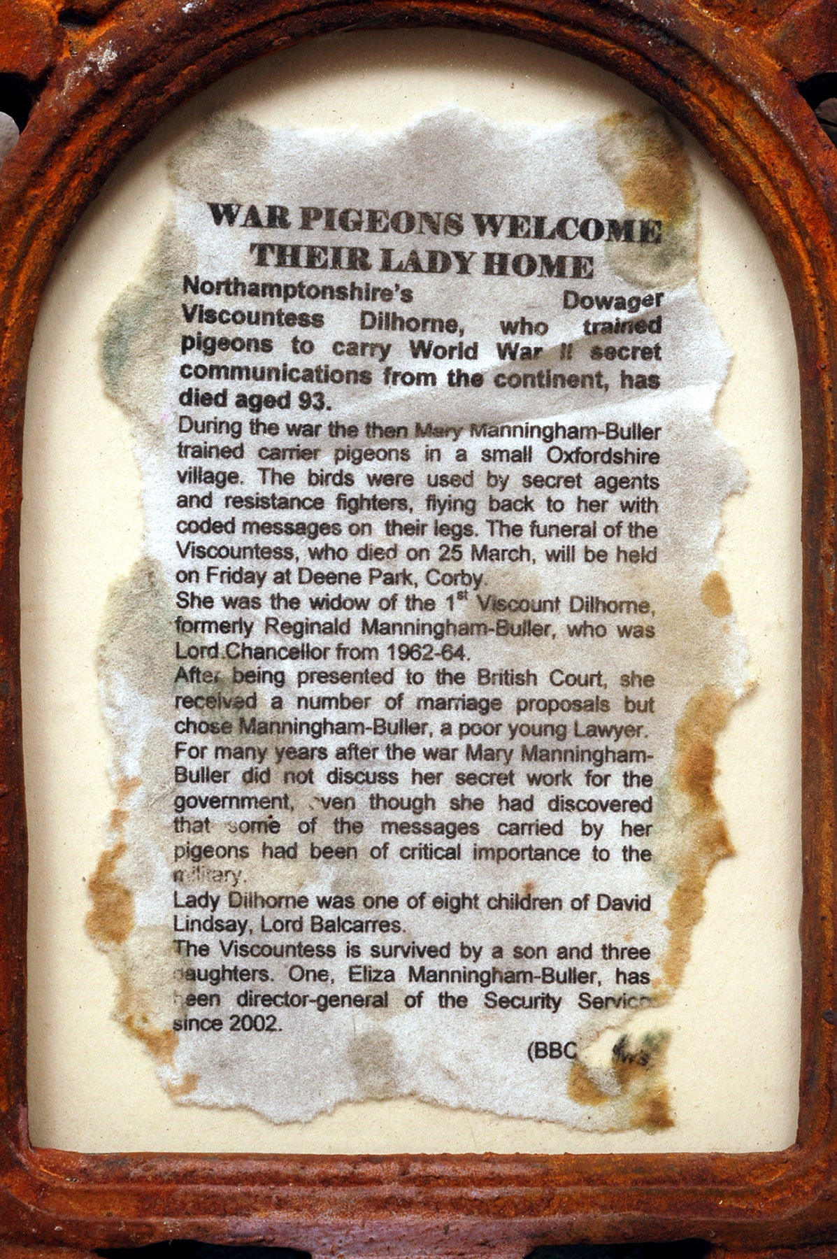 Dario Robleto
"War Pigeons Welcome Their Lady Home", 2004
Homemade paper (cotton infused with sweet balsam, pigeon bone dust, bone dust from every bone in the body, melted bullet lead, cold cast nickel and silver, rust, polyester resin, bone glue, typeset
8 x 9 x 1 inches
